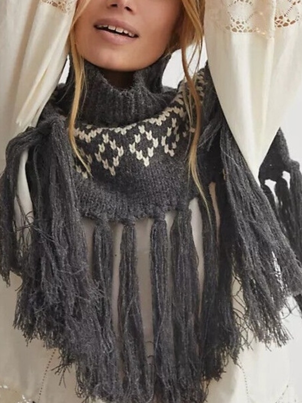 Anthropologie Gray and Ivory Knit Fringe Neck Warmer
